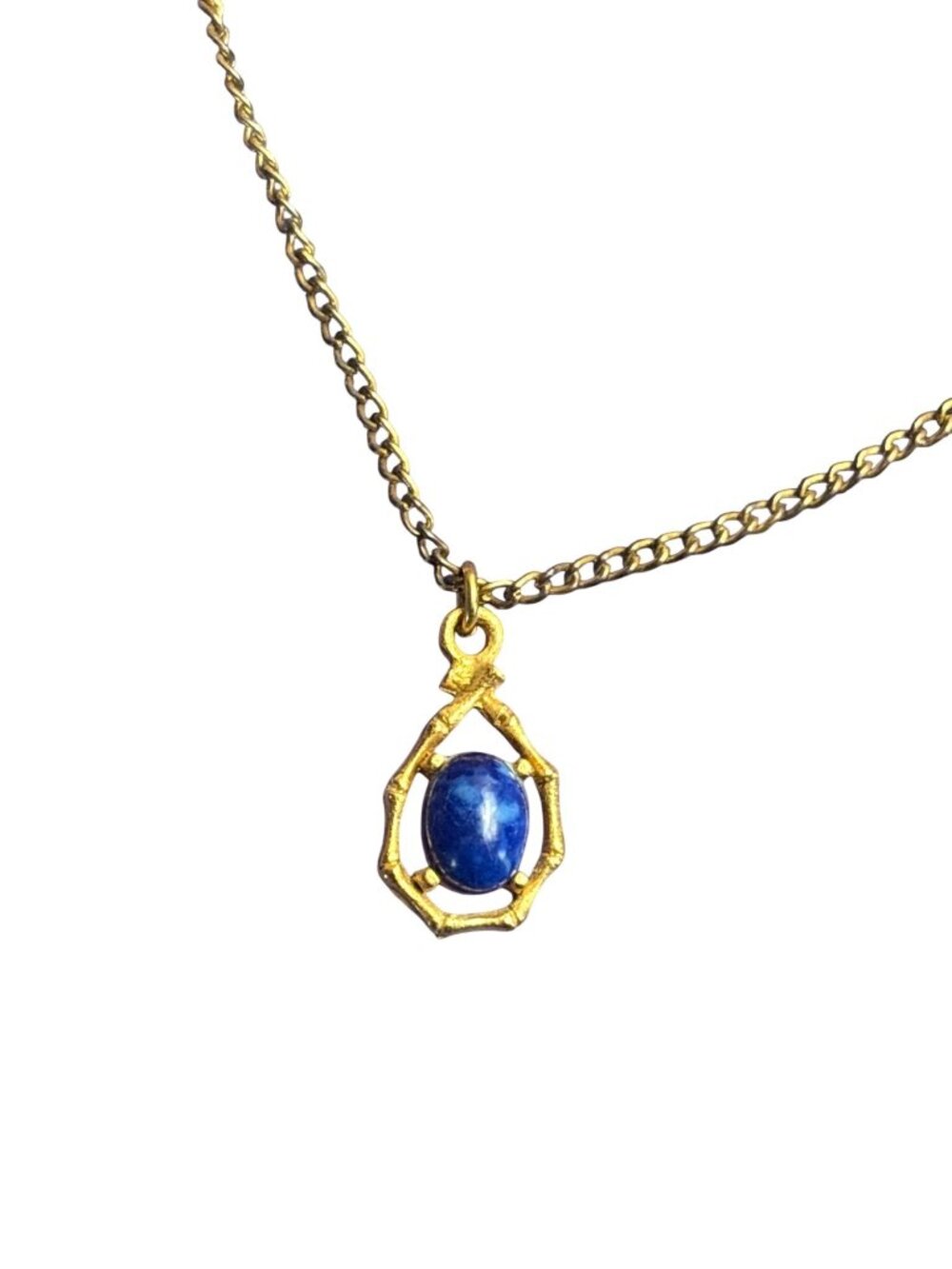 Vtg Dainty Goldtone Chain Necklace Blue Oval Cabochon Pendant 18 inches Pendant